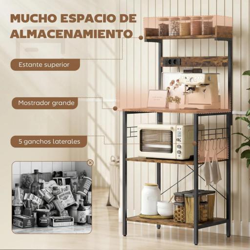 Estantería de Cocina con 2 Tomacorrientes Estante para Microondas Estante Ajustable Ganchos 60x42x137 cm Marrón Rústico [3]
