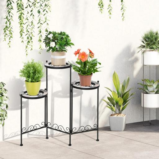 Soporte para Plantas de Metal Mecetas Plegable Estantería para Flores con 3 Estantes y Bordes de Azulejo para Decoración Interiores y Exteriores 60x22x65 cm Negro