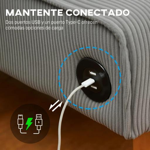 Sofá de 2 Plazas Tapizado en Pana con 2 Puertos USB 1 Puerto Tipo-C y Patas de Madera Carga 220 kg 110x60x85 cm Gris [2]