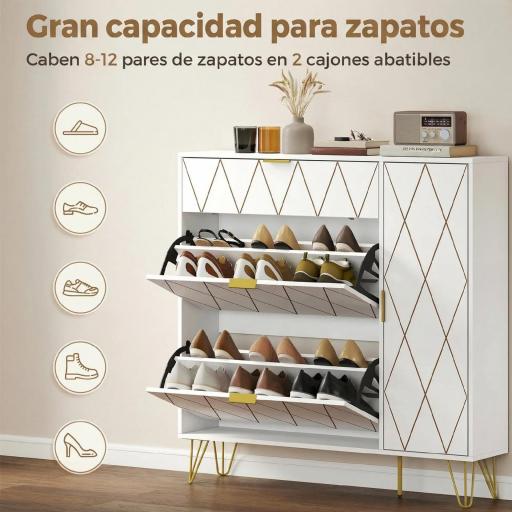 Mueble Zapatero Moderno con 2 Cajones Abatibles Armario y Estantes Ajustables para 10-14 Pares de Zapatos Blanco [6]