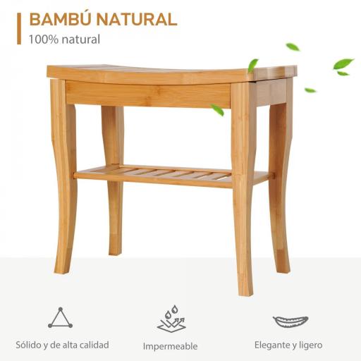 Taburete de Baño de Bambú con Estante Banco de Baño Impermeable y Robusta para Salón SPA 47,5x26x44,5 cm Natural [8]