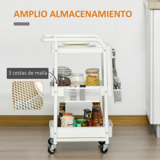 Carrito Auxiliar con Ruedas Carro de Almacenaje Multifuncional con 4 Ganchos y 2 Cestas Colgantes 51,5x32x75,6 cm Blanco [6]