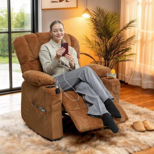 Sillón Relax Reclinable Eléctrico Silencioso con Función Memoria Reposapiés Mando a Distancia Bolsillo Lateral Marrón