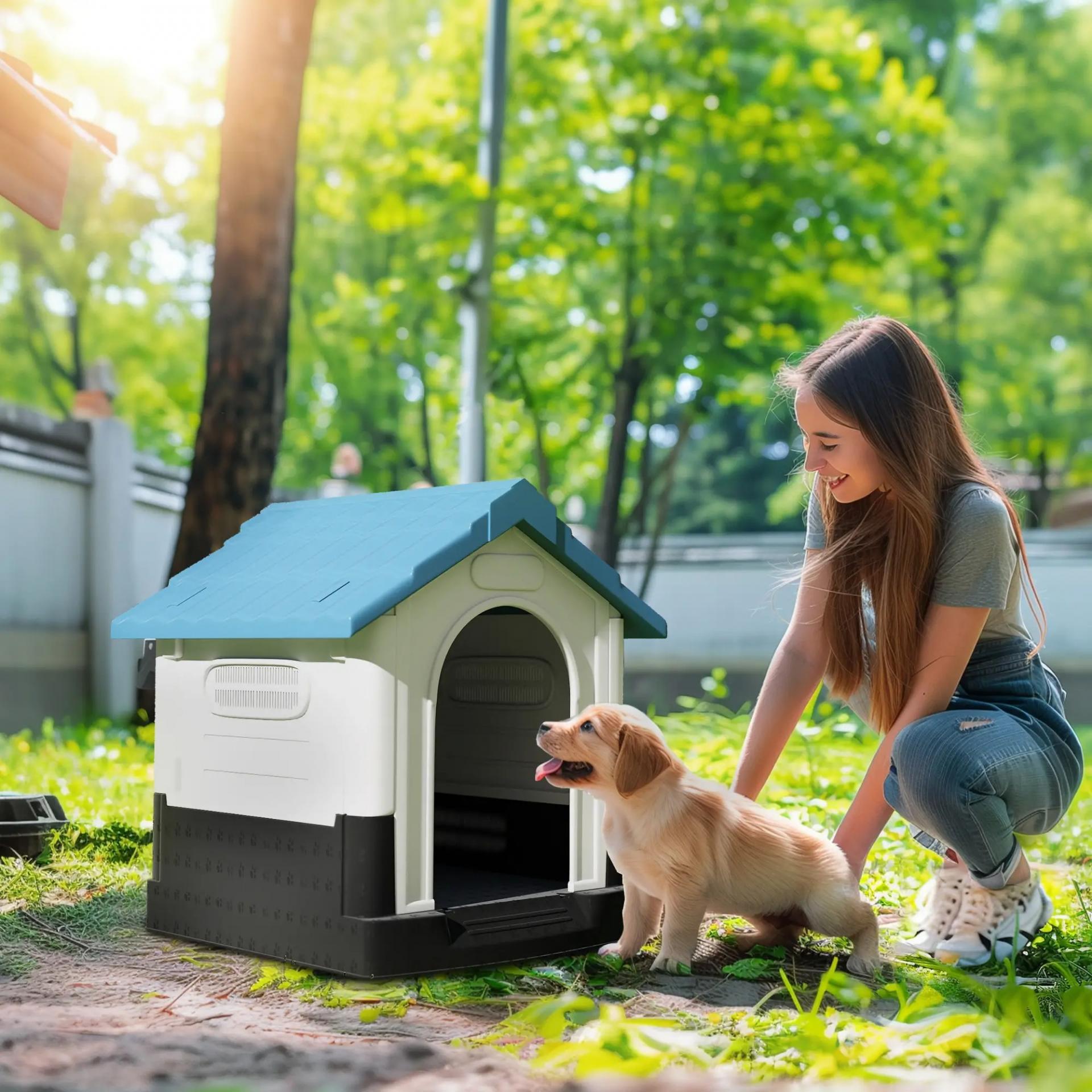 Caseta para Perros Mini para Exterior de Plástico con 3 Ventanas Base Elevada Techo Inclinado 64,5x57x66 cm Azul