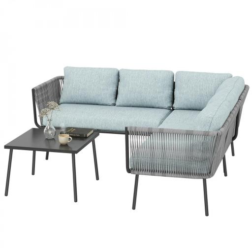 Conjunto de Muebles de Ratán de Exterior Sofá de Esquina con Cojines y Mesa de Centro para Terraza Patio Azul Claro [9]