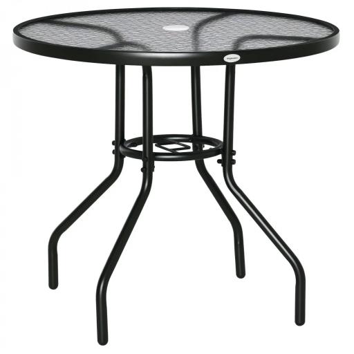 Mesa de Exterior Ø80x72 cm con Agujero para Sombrilla y Encimera de Vidrio Templado para Patio Terraza Negro [9]
