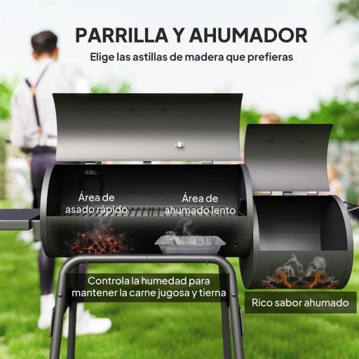 Barbacoa de Carbón 3 en 1 Ahumador Parilla de Carbón Barbacoa de BBQ 124x53x104 cm con Termómetro y Ruedas Estantes [2]