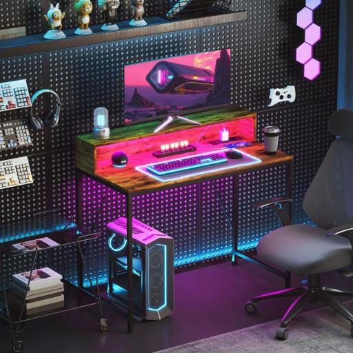 Mesa de Escritorio con Luces LED Tomas de Corriente Soporte para Monitor y Control Remoto 100x50x90,5 cm Marrón Rústico [5]