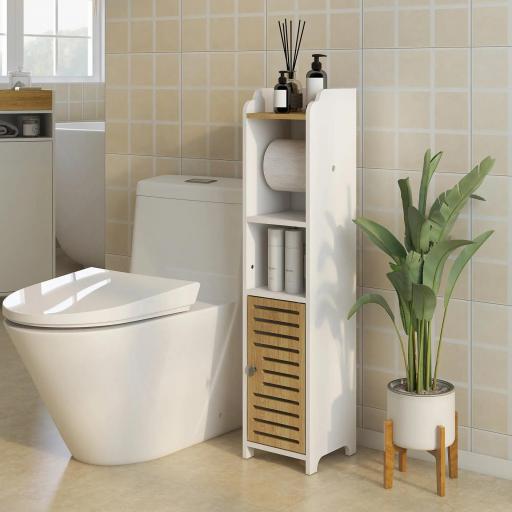 Portarrollos de Baño Moderno Armario de Baño con Estantes 1 Puerta y Portarrollos de Papel 18x20x90 cm Blanco y Roble [3]