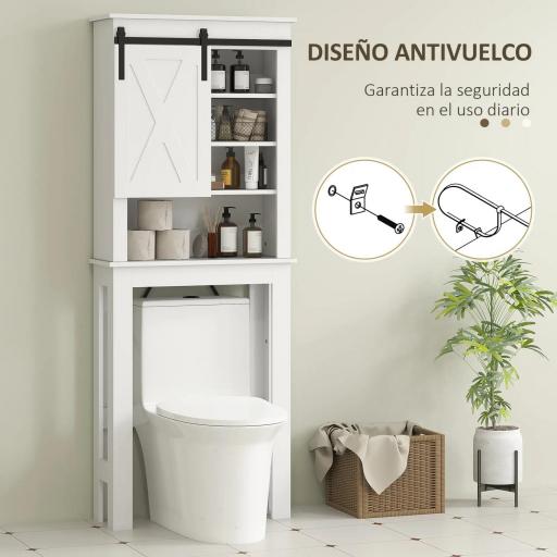 Mueble sobre Inodoro para el Baño con Puerta Corredera de Granero y 6 Compartimentos Estilo Rústico 67x25x172 cm Blanco [2]