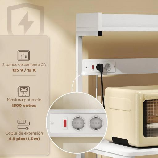 Estantería de Cocina con 2 Tomacorrientes Estante para Microondas Estante Ajustable Ganchos 60x42x137 cm Blanco [2]