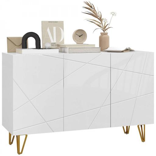 Aparador de Entrada con 3 Puertas y Estantes Ajustables para Cocina Sala 120x40x75 cm Blanco Brillante [8]