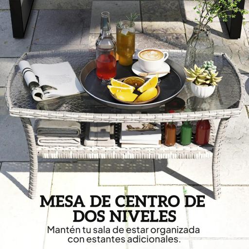 Mesa de Jardín Exterior Rectangular de Ratán con Estante Tablero de Vidrio Templado con Ondas 90x50x45 cm Gris Oscuro [5]
