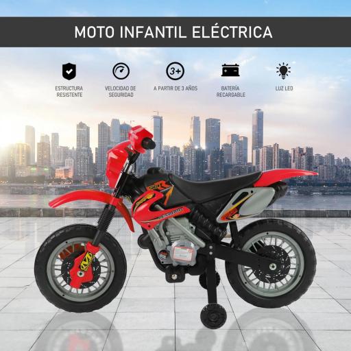 Moto Electrica Infantil Bateria 6V Recargable Niños 3+ Años Cargador y Ruedas Apoyo 102x53x66 cm Color Rojo [3]