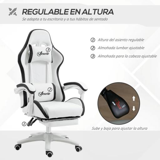Silla Gaming Silla Gamer de Cuero PU Altura Ajustable Reclinable 135° Reposacabezas y Reposapiés 65x65x121-129 cm Blanco [3]