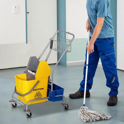 Carro de Limpieza con Cubos de Fregona de 25L Escurridor Cubeta y Estantes para Hotel Oficina 72x49,5x95 cm Amarillo