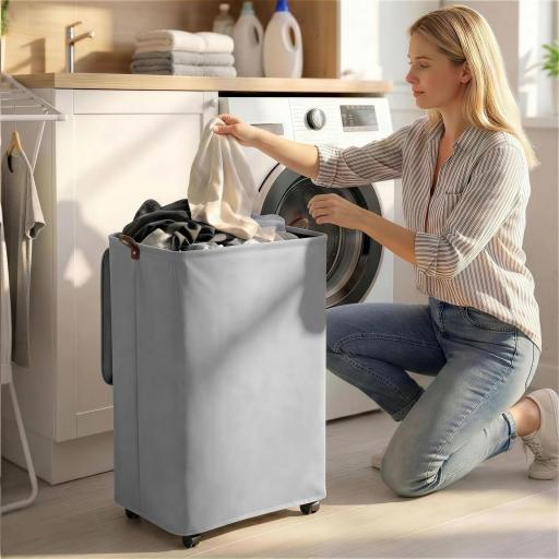 Cesto de Ropa Sucia con Tapa y Ruedas 50L Cesta de Ropa Sucia Plegable con Bolsa con Cordón Extraíble 40x30x65 cm Gris [2]