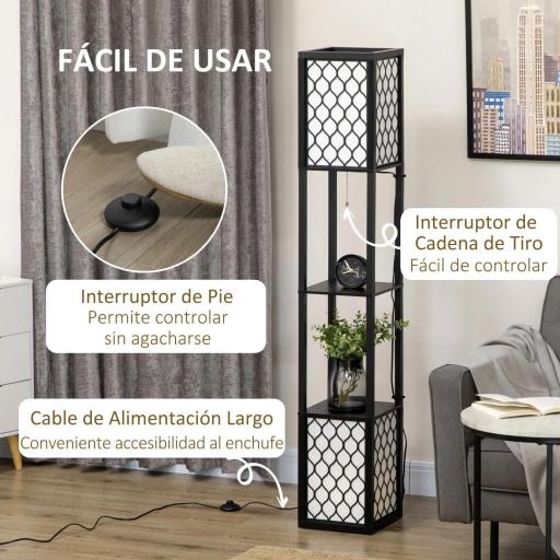 Lámpara de Pie de Madera con Estantes e Interruptor de Cadena para Salón Dormitorio 26x26x156 cm Negro y Blanco [5]