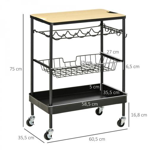 Carro de Cocina con Ruedas Carrito de Servicio Multiuso con Botellero Cesta Extraíble Bandeja 60,5x35,5x75 cm Negro [1]