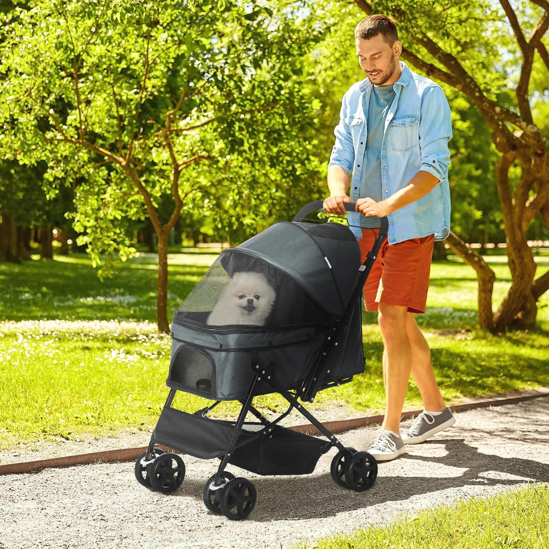 Carrito para Perros Plegable con Mango Reversible Ventana de Malla Cesta de Almacenamiento 76,5x52x95 cm Gris