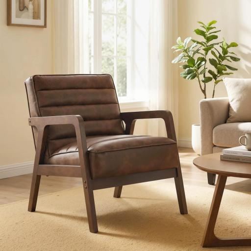 Butaca de Salón Tapizado en PU con Marco de Madera Maciza Asiento Acolchado para Sala de Estar Dormitorio Marrón [6]