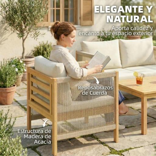 Conjunto de Muebles de Jardín de 4 Piezas con Sofá 2 Plazas 2 Sillones Mesa de Madera Cojines y Cuerda PP Beige [6]
