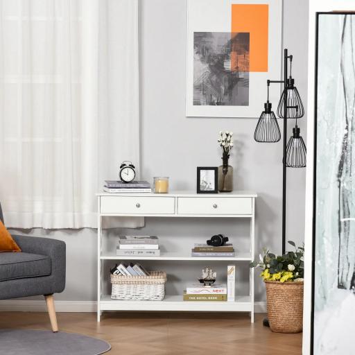 Mesa Consola de Entrada Recibidor con 2 Cajones y 2 Estantes Inferiores Mueble Moderno Base Elevada Antivuelco 100x30,5x80 cm Blanco [3]