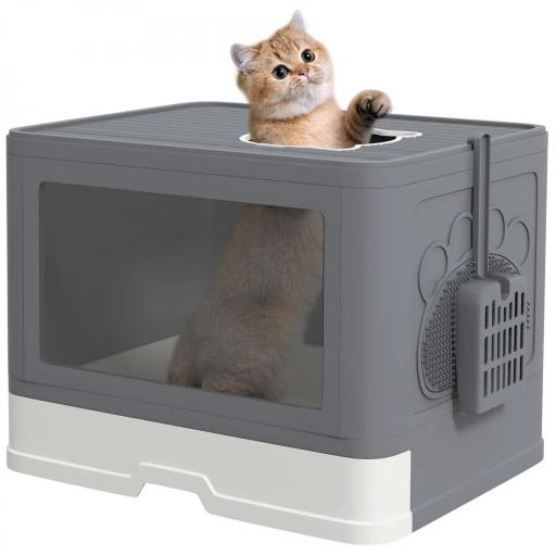 Arenero para Gatos Cubierto con Pala Cepillo 2 Puertas Entrada Principal y Salida Superior 48,5x38x36,5 cm Gris [8]