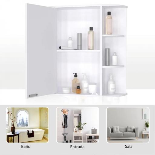 Armario de Baño con Espejo Mueble Colgante de Aseo con 1 Puerta 2 Estantes Interiores y 6 Estantes Laterales para Salón Cocina Dormitorio 66x17x63 cm Blanco [5]