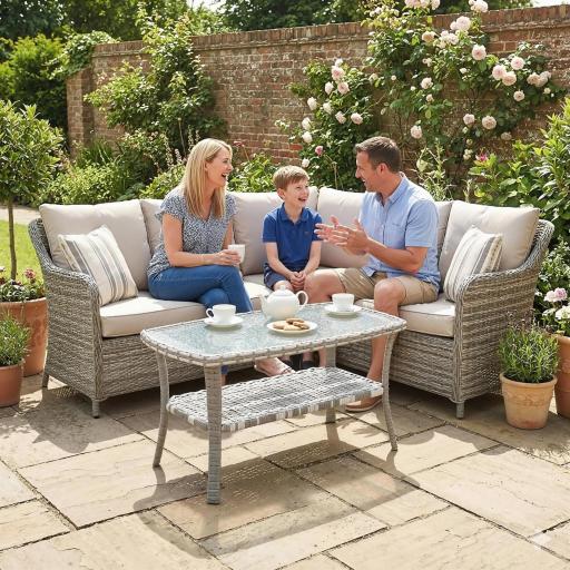 Mesa de Jardín Exterior Rectangular de Ratán con Estante Tablero de Vidrio Templado con Ondas 90x50x45 cm Gris Oscuro [4]