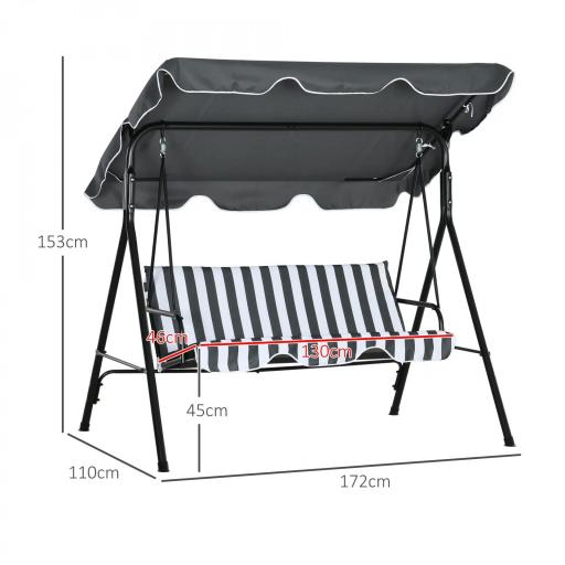 Balancín de Jardín Exterior Columpio de 3 Plazas con Toldo Ajustable y Marco de Acero 172x110x153 cm Gris y Blanco [5]