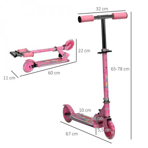 Patinete Infantil Plegable con Luces Música Altura Ajustable Ruedas Brillantes Pedal LED Carga 50kg 67x32x65-78cm Rosa [1]