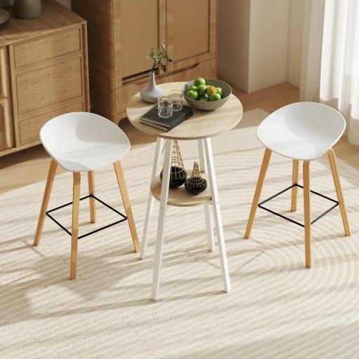 Mesa Alta Cocina Redonda con Estante de Almacenamiento Moderna para 2 Personas 55x55x95 cm Madera Natural y Blanco [5]
