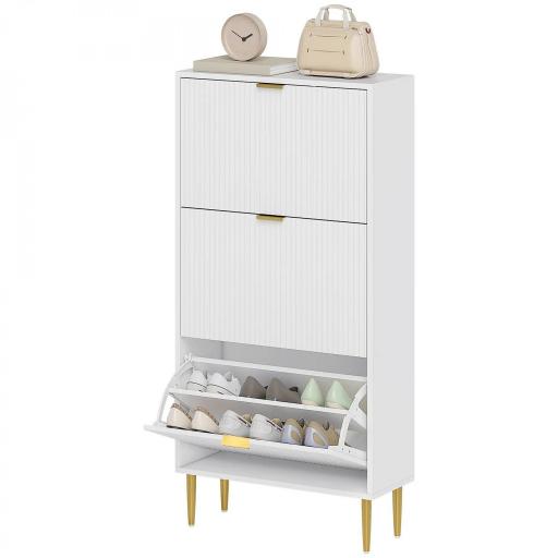 Zapatero Estrecho con 3 Puertas Acanaladas con Estantes Ajustables para 18 Pares de Zapatos 60x24x128 cm Blanco [8]