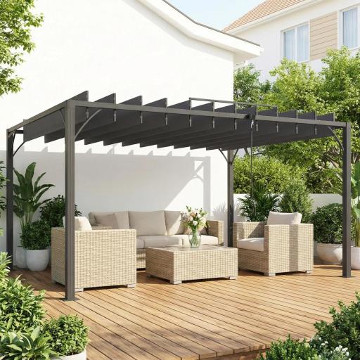 Pérgola de Jardín 3x4 m con Protección UPF 50+ Gazebo con Techo Ajustable Estructura de Aluminio para Exterior Gris [5]