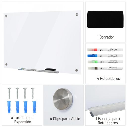 Pizarra de Cristal con Bandeja Pizarra de Pared sin Marco Incluye 4 Rotuladores y Borrador 90x60x0,45 cm Blanco [4]