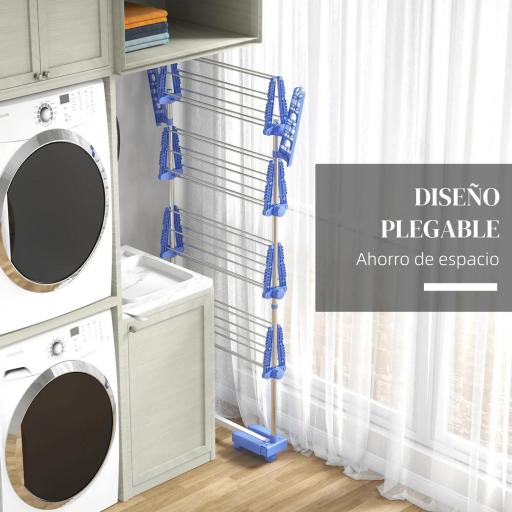 Tendedero Vertical de 4 Niveles con 6 Ruedas 2 Laterales Abatibles Estantes Ajustables y Marco de Acero Inoxidable Azul [5]