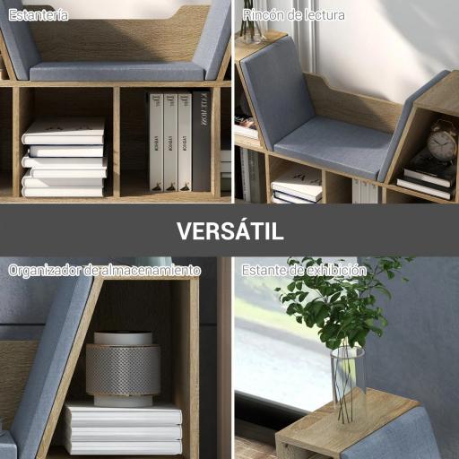Librería con Asiento Estantería de Libros con 6 Cubos Cojín para Sala de Estar Dormitorio 102x30x61cm Roble y Gris [3]