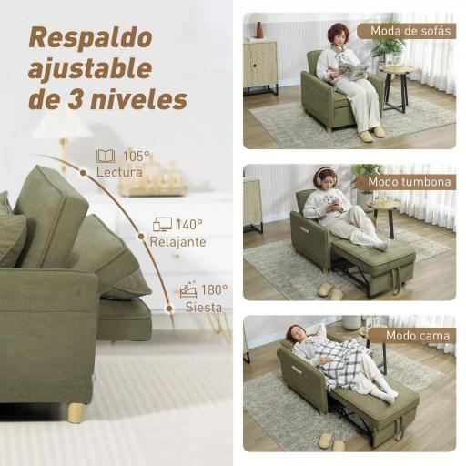 Sillón Cama Individual 3 en 1 Sofá Cama Plegable con Respaldo Ajustable y Cojín para Salón 74x85,5x82 cm Marrón [6]