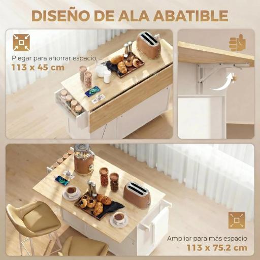 Isla de Cocina con Encimera Extensible Estación de Carga Ruedas 2 Puertas 3 Cajones Especiero y Toallero Blanco [2]