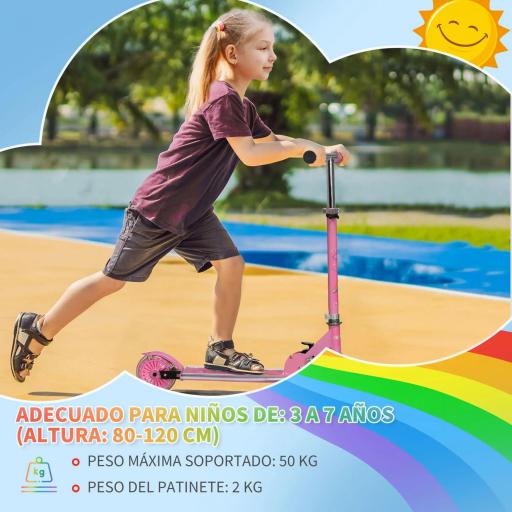 Patinete Infantil Plegable con Luces Música Altura Ajustable Ruedas Brillantes Pedal LED Carga 50kg 67x32x65-78cm Rosa [2]