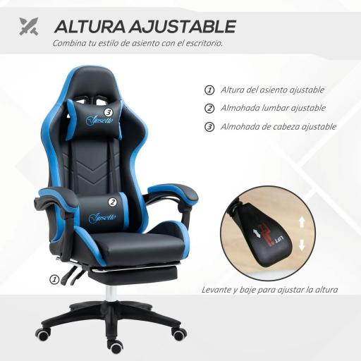 Silla Gaming Silla Gamer de Cuero PU Reclinable 135° Reposacabezas y Reposapiés 65x65x121-129 cm Negro y Azul [5]