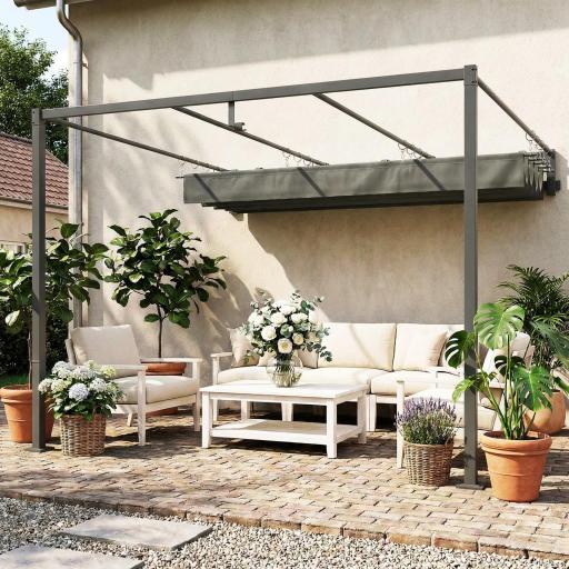 Pérgola de Pared de Jardín 3x3 m con Techo Retráctil Protección UPF30+ Drenaje Cenador de Jardín para Exterior Gris [6]