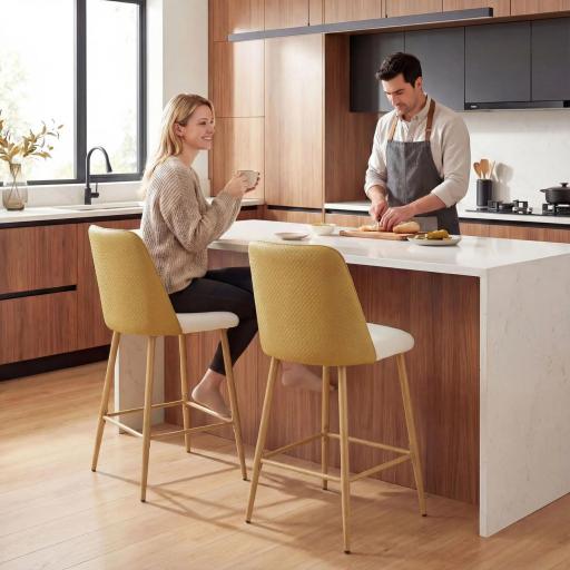 Juego de Taburetes Altos de Cocina con Respaldo y Reposapiés Tapizados de Lino y PU Marco de Acero Marrón