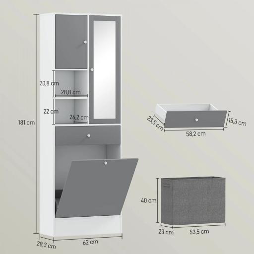 Armario de Baño con Cesto Ropa Sucia Espejo Cajón Compartimentos y Estantes Ajustables 62x28,3x181 cm Blanco y Gris [1]