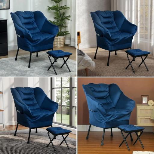 Sillón de Salón con Otomana Sillón de Relax con Bolsillos Laterales y Patas de Acero para Sala de Estar Dormitorio Azul [7]