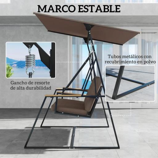 Columpio de Jardín Exterior de 3 Plazas con Techo Ajustable 2 Bandejas Cojines y Marco de Metal Carga 360 kg Marrón [4]