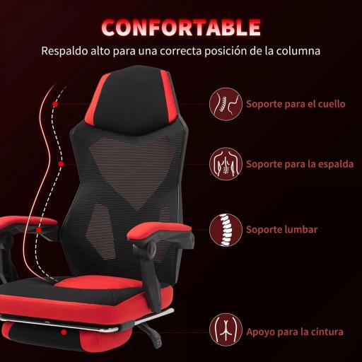 Silla de Oficina con Reposapiés Altura Regulable y Respaldo Reclinable 135° 58x63x112-122 cm Rojo y Negro [4]