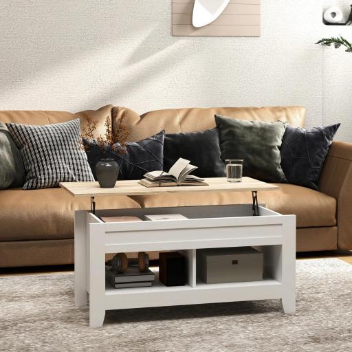Mesa de Centro Elevable con Encimera Elevable y Espacio Oculto de Almacenaje 105x50x49 cm Blanco y Natural