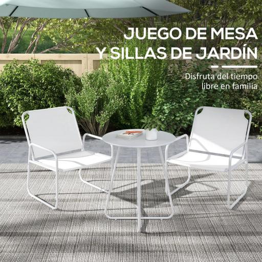 Conjunto de Muebles de Jardín de 3 Piezas con Marco de Acero Reposabrazos y Almohadillas Ajustables para los Pies Blanco [5]